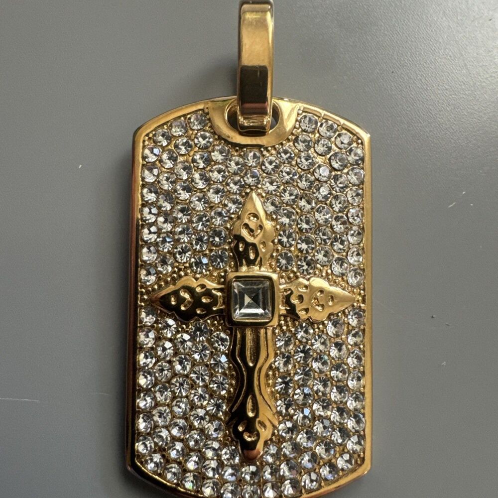 Cross Pendant Cubic Zirconia Jesus Dog Tag 24” Chain Gold Plated Religious Gift